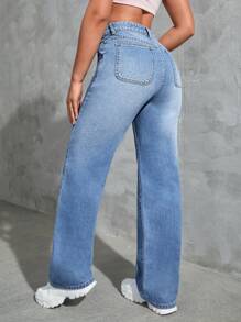 SHEIN EZwear Jeans de pierna recta - Azul lavado medio - Ver 2