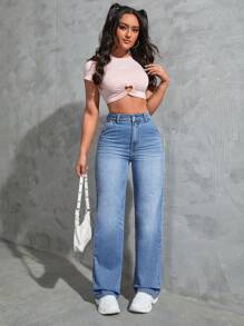 SHEIN EZwear Jeans de pierna recta - Azul lavado medio - Ver 3