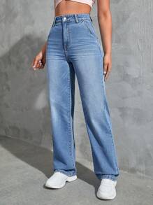 SHEIN EZwear Jeans de pierna recta - Azul lavado medio - Ver 4