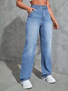 SHEIN EZwear Jeans de pierna recta - Azul lavado medio - Ver 5