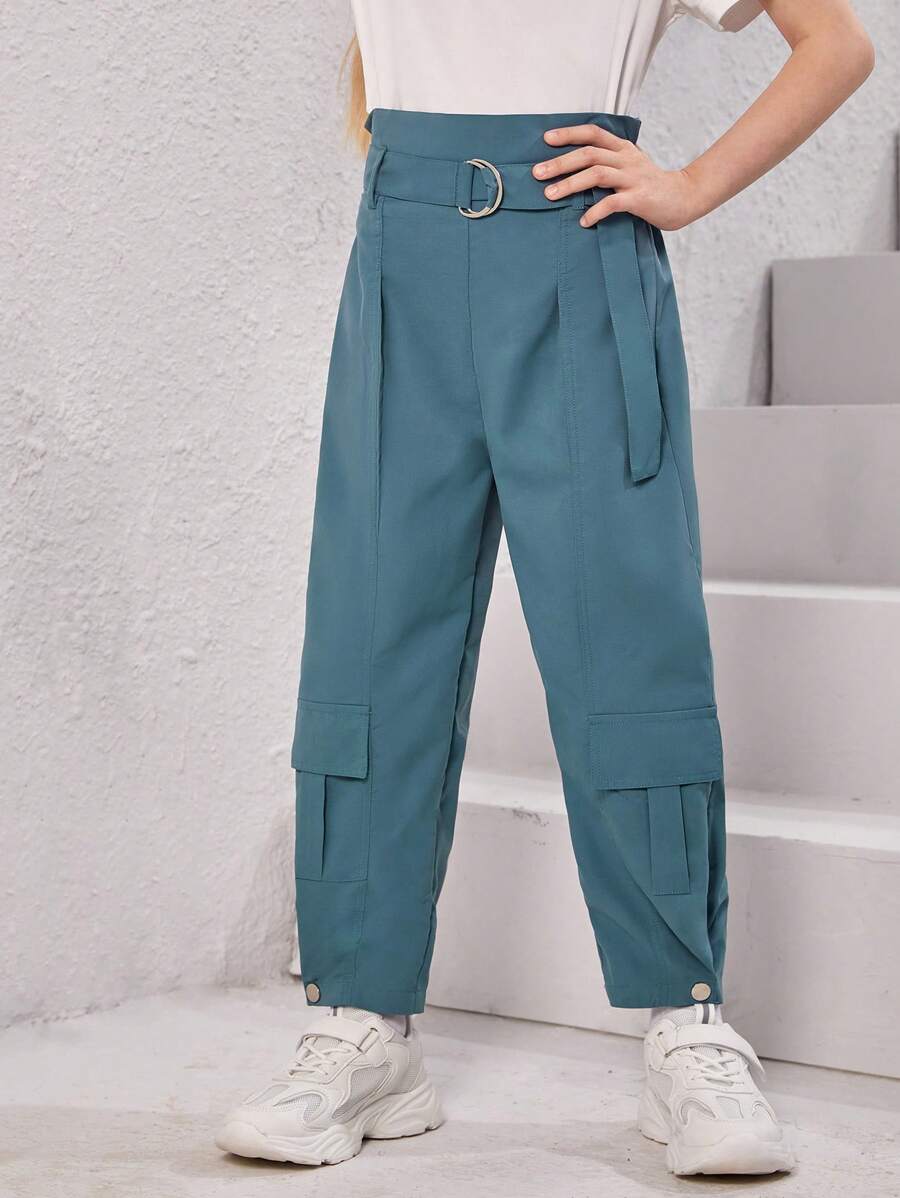Girls Flap Pocket Cargo Pants - Blue - View 1