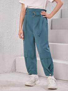 Girls Flap Pocket Cargo Pants - Blue - View 4