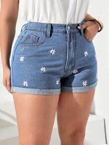 Plus pantaloni scurți din denim cu tiv rulat cu broderie florală