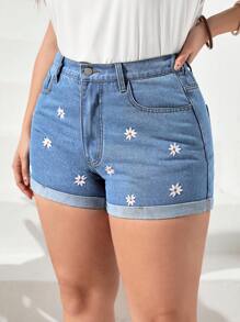 Plus pantaloni scurți din denim cu tiv rulat cu broderie florală