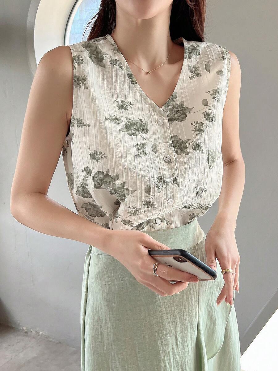 DAZY Áo sơ mi nữ Nút phía trước Hoa Giải trí - Màu be - Xem 1