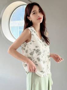 DAZY Áo sơ mi nữ Nút phía trước Hoa Giải trí - Màu be - Xem 4