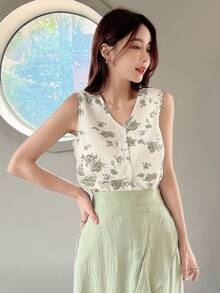 DAZY Áo sơ mi nữ Nút phía trước Hoa Giải trí - Màu be - Xem 5