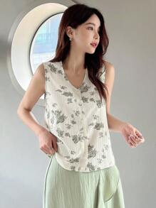 DAZY Áo sơ mi nữ Nút phía trước Hoa Giải trí - Màu be - Xem 6