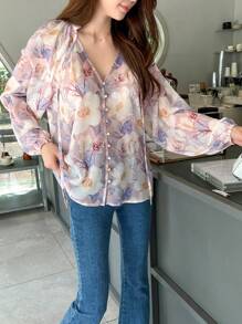 DAZY Floral Print Tie Neck Lantern Sleeve Blouse,Fall Women Clothes Long Sleeve Top - Lilac Purple - View 3