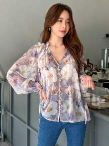 DAZY Floral Print Tie Neck Lantern Sleeve Blouse,Fall Women Clothes Long Sleeve Top - Lilac Purple - View 4