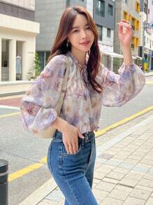 DAZY Floral Print Tie Neck Lantern Sleeve Blouse,Fall Women Clothes Long Sleeve Top - Lilac Purple - View 1