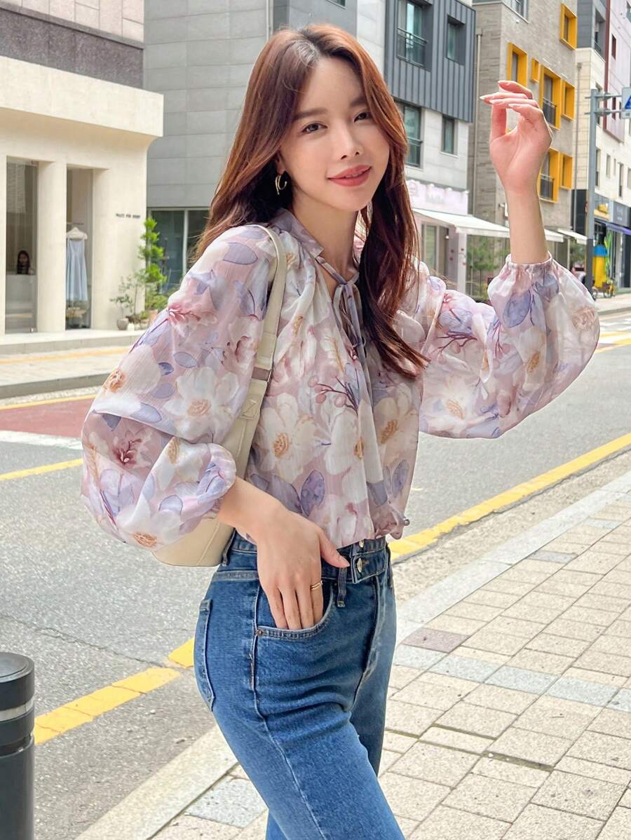 DAZY Floral Print Tie Neck Lantern Sleeve Blouse,Fall Women Clothes Long Sleeve Top - Lilac Purple - View 1