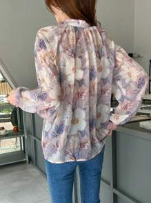 DAZY Floral Print Tie Neck Lantern Sleeve Blouse,Fall Women Clothes Long Sleeve Top - Lilac Purple - View 5