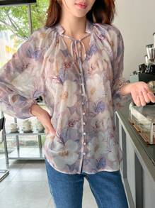 DAZY Floral Print Tie Neck Lantern Sleeve Blouse,Fall Women Clothes Long Sleeve Top - Lilac Purple - View 6