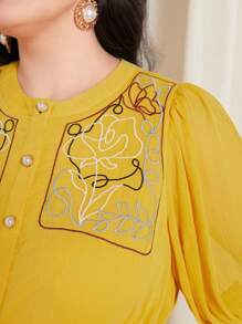 Mulvari 大碼花卉刺繡繫腰帶連衣裙 - 黃色 - 查看 6