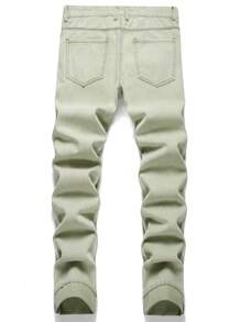 Jeans rotos con bordado de letras para hombres - verde menta - Ver 2