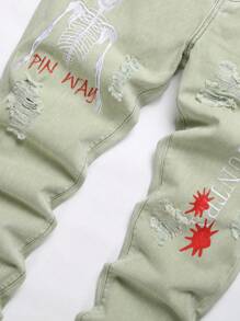 Jeans rotos con bordado de letras para hombres - verde menta - Ver 3