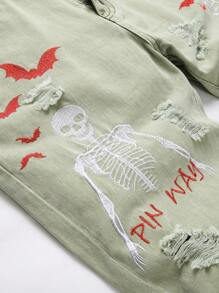 Jeans rotos con bordado de letras para hombres - verde menta - Ver 6