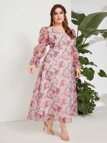 Modelyn Plus Allover Floral Print Organza Overlay Dress - Multicolor - View 4