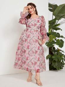 Modelyn Plus Allover Floral Print Organza Overlay Dress - Multicolor - View 1