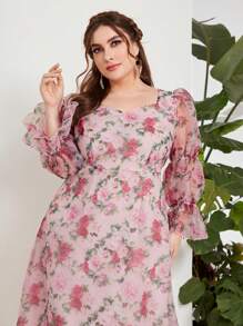 Modelyn Plus Allover Floral Print Organza Overlay Dress - Multicolor - View 5