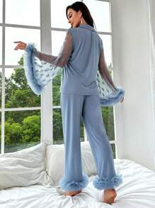 網紗拼接毛茸邊睡衣套裝 - 霧霾藍 - 查看 2