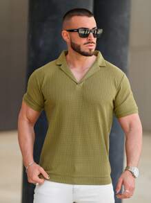 Men Solid Waffle Knit Lapel Neck Polo Shirt - 橄欖綠 - 查看 1
