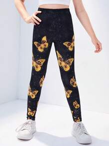 Girls Butterfly Print Leggings - Black - View 1