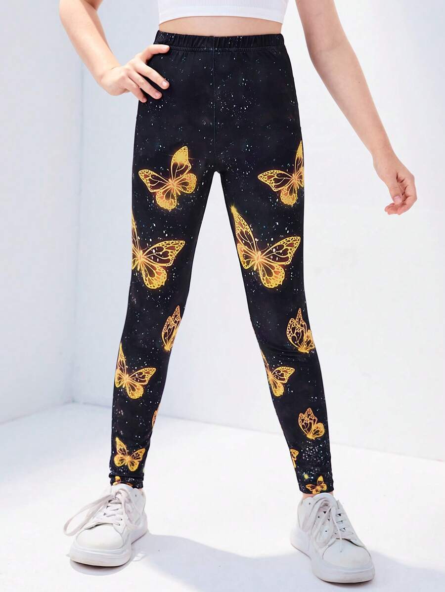 Girls Butterfly Print Leggings - Black - View 1