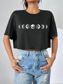 SHEIN EZwear 月亮印花落肩袖短款T恤 - 黑色 - 查看 5