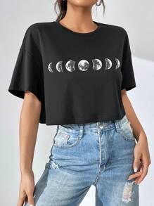 SHEIN EZwear 月亮印花落肩袖短款T恤 - 黑色 - 查看 7
