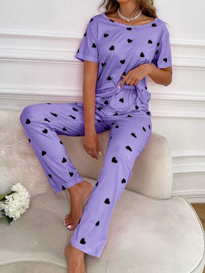 Heart Print Tee Pants PJ Set Pajama