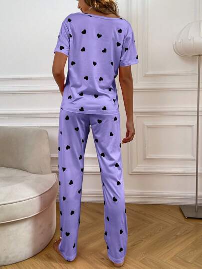 Heart Print Tee Pants PJ Set Pajama view 2