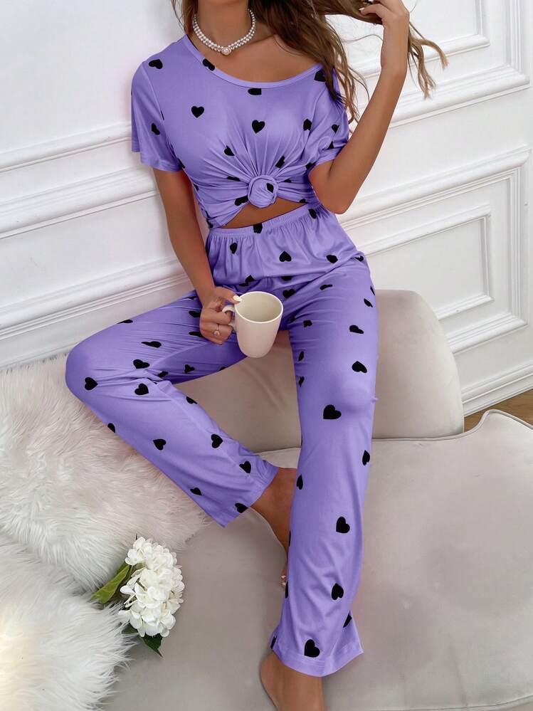 Heart Print Tee & Pants PJ Set / Pajama Set - Purple - View 3