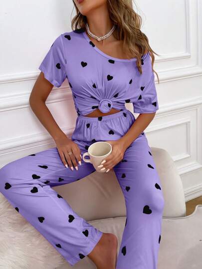 Heart Print Tee Pants PJ Set Pajama view 5