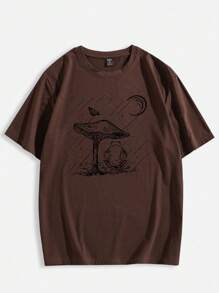 ROMWE MEN Academia 男士棉质蘑菇和青蛙图案 T 恤，学校