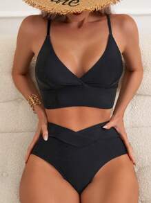 SHEIN Swim Summer Beach Solid High Waisted Bikini Set - Black - View 1