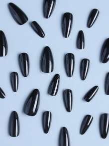24pcs Black Almond Shaped Press-On Fake Nails Set, Medium Length Design, Suitable For Women And Girls For Daily Wear, Fashionable And Perfect Fit Nail Supplies - Black - View 3