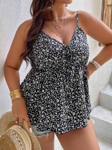 Plus Ditsy Floral Print Knot Front Cami Top - Multicolor - View 1