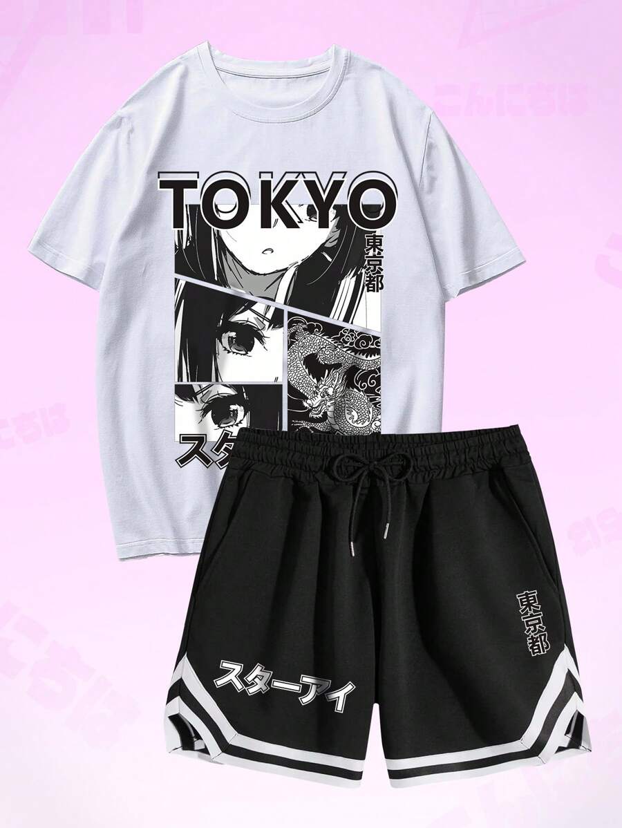 ROMWE MEN Anime Bộ hai mảnh Nam Dây kéo Túi Thắt nơ trước Con số Lá thư Đường phố - Đen và trắng - Xem 1