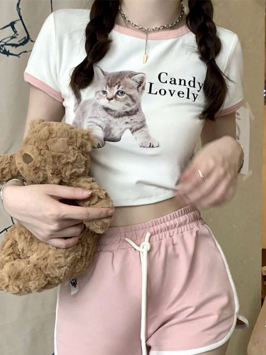 Cat & Letter Graphic Crop Ringer Tee - White - View 1