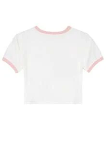 Cat & Letter Graphic Crop Ringer Tee - White - View 2