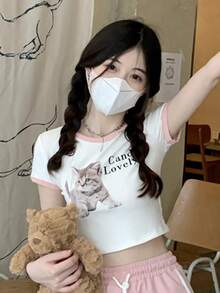 Cat & Letter Graphic Crop Ringer Tee - White - View 4