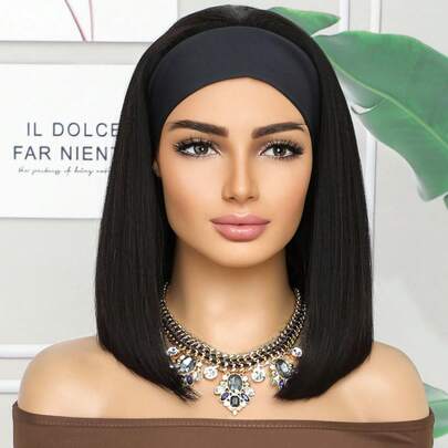 Bob Short Straight Headband Human Hair Wigs for Women,Easy Wear and Go 150%-180% Density None Front Lace Brazilian Human Hair 10-14 Inch Natural Color