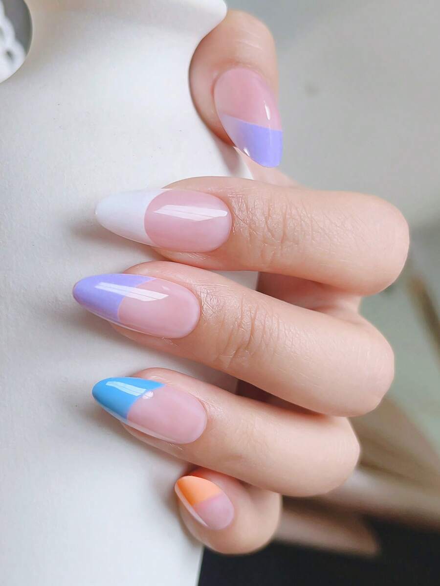 Instantly Upgrade Your Look With 24Pcs Long Pointed Colored French Style Fully Covers Fake Nails And Is Suitable For Women And Girls Press On Nails Nail Supplies Nails - Multicolor - View 1