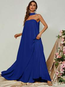 繞頸素色長連衣裙 - 寶藍色 - 查看 6