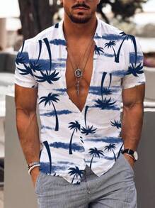 Manfinity RSRT Nam In Cây Dừa Tay Ngắn In Họa Tiết Kỳ Nghỉ Sơ Mi, Quà Tặng Bạn Trai - Xanh và trắng - Xem 1