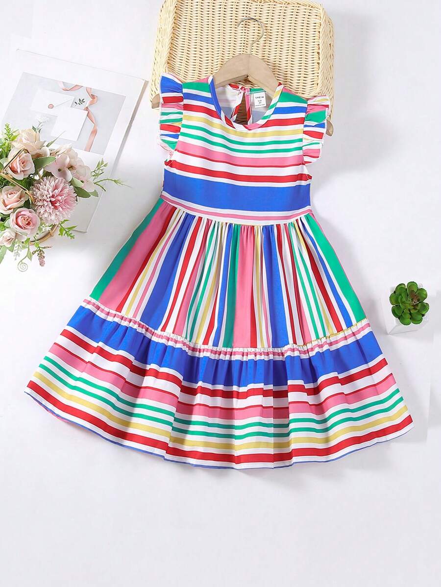 Vestido de vacaciones de verano a rayas multicolores para chica joven con cuello redondo pequeño - Multicolor - Ver 1