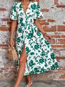 SHEIN VCAY 印花蝴蝶袖圍裹洋裝 - 白色 - 查看 5