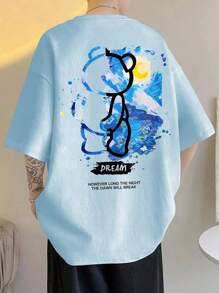 Claim Dot 男士标语和卡通图案落肩T恤 - 淺藍色 - 查看 1